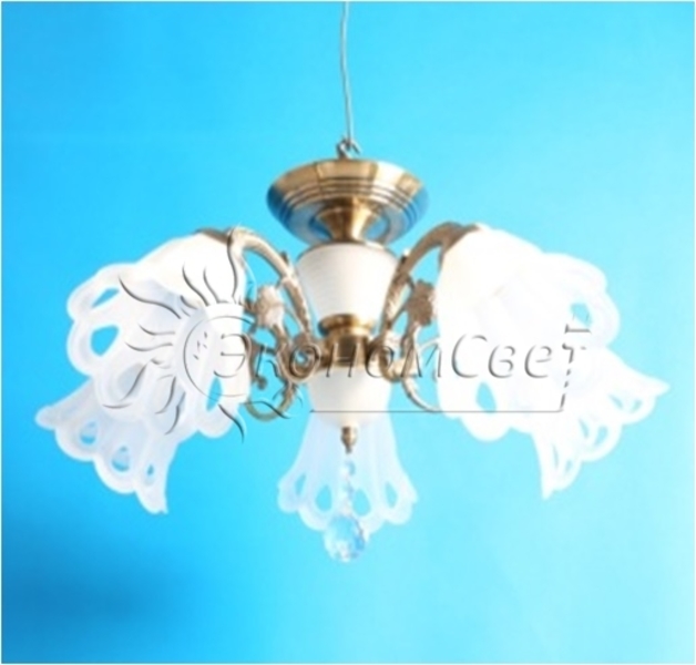 Люстра, 40W, Е27, стекло, 5 плафонов, белый, 13607/5AB WT, ЭкономСвет, Китай