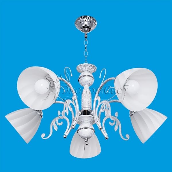 Люстра, 40W, Е27, стекло, 5 плафонов, белый, 2031H/5WT+SV WT, ЭкономСвет, Китай