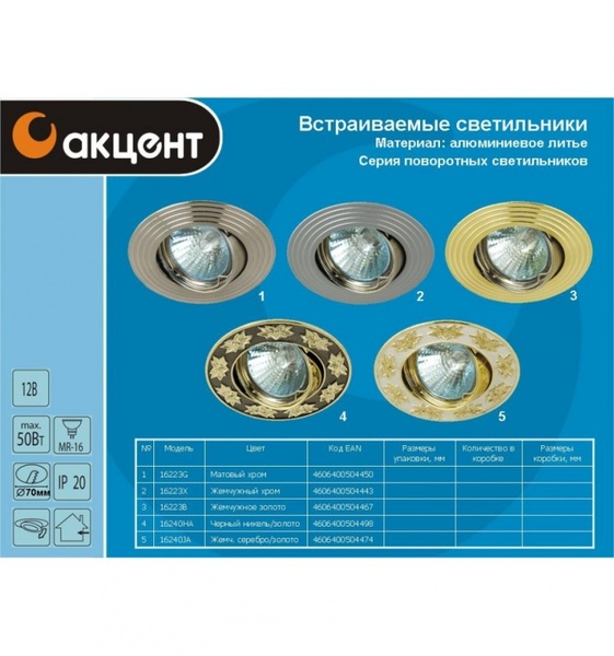 Светильник Акцент 103 EQ 50W GU5.3 жемчужный никель /хром встроен.круглый оворотный литой