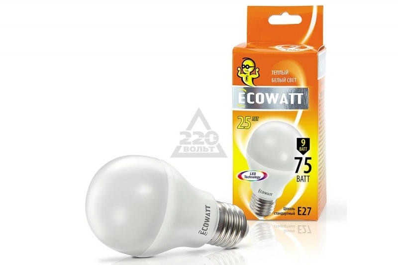 Лампа светод.ECOWATT А60 230В 9(75)W 2700К Е27 тепл.бел.свет груша