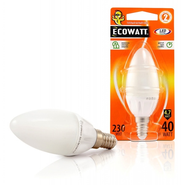 Лампа светод.ECOWATT B35 FL 4(40) 2700K E14 (миньон) теплый белый свет свеча нитевидная прозр
