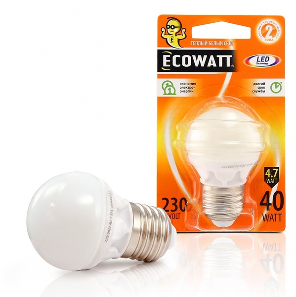 Лампа светод.ECOWATT P45 FL 4(40) 2700K E27 теплый белый свет шарик нитевидный прозр