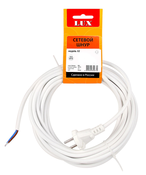 Сетевой шнур LUX V2ПВС 2*0,75 3м с вилкой  без з/к белый