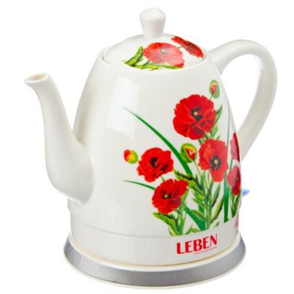 LEBEN Чайник керамический 1,5л, 1200Вт, скрытый нагр.элемент, "Красные Маки",475-168
