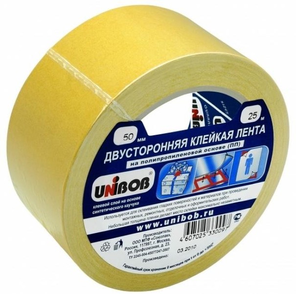 25мм*25м двухсторонняя клейкая лента UNIBOB 4124 полипропилен белый 17432