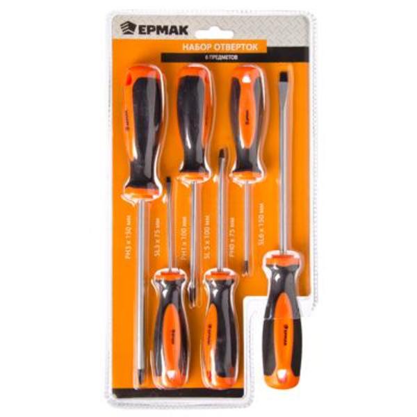 ЕРМАК Набор отверток 6пр.(SL6*150,PH2*150,SL5*100,PH1*100.SL3*75.PH0*75)/ 651-210